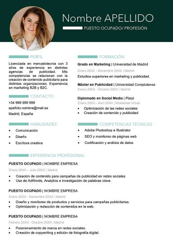 ejemplo de currículum para marketing y publicidad