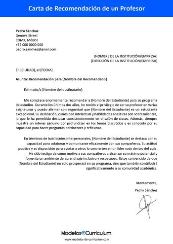 carta de recomendacion de un profesor