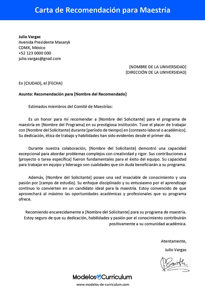 carta de recomendacion para maestria