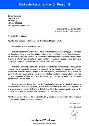 ejemplo de carta de recomendacion personal