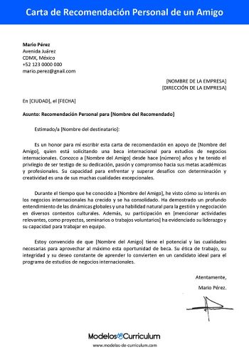 carta de recomendación personal de un amigo
