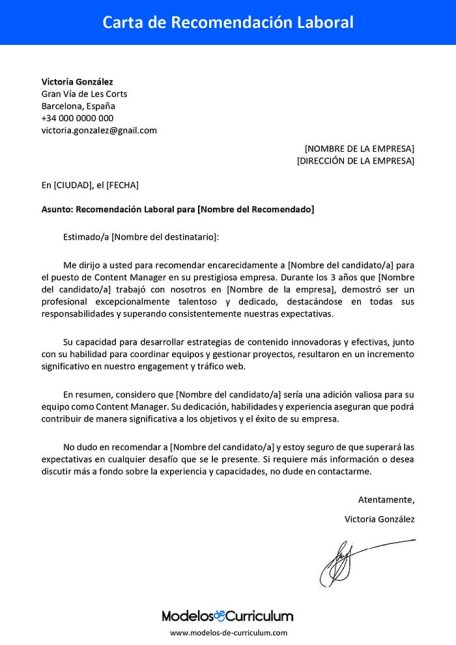 carta de recomendacion laboral