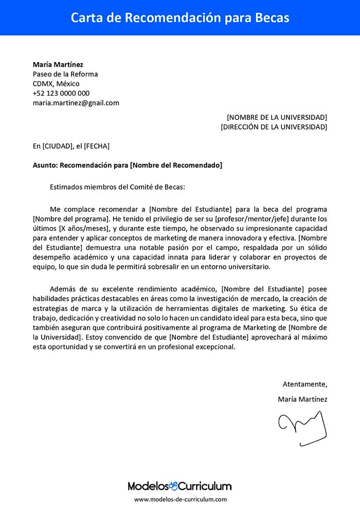 carta de recomendacion para beca