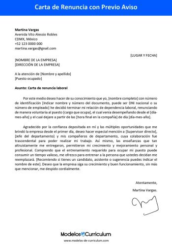 carta de renuncia con preaviso