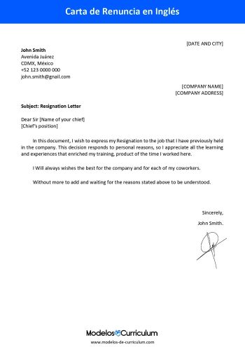 carta de renuncia en inglés
