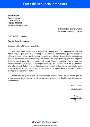 modelo de carta de renuncia inmediata