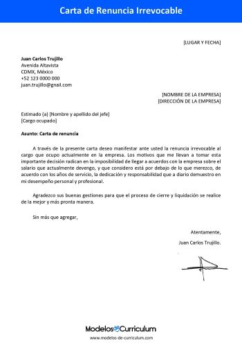 carta de renuncia irrevocable