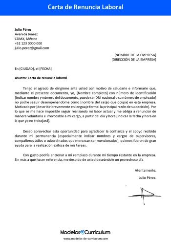 ejemplo carta de renuncia laboral