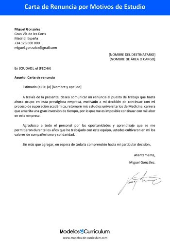 carta de renuncia por motivos de estudio
