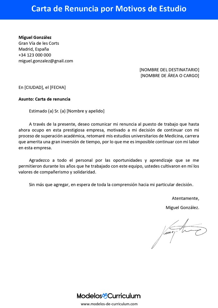 carta de renuncia por motivos de estudio