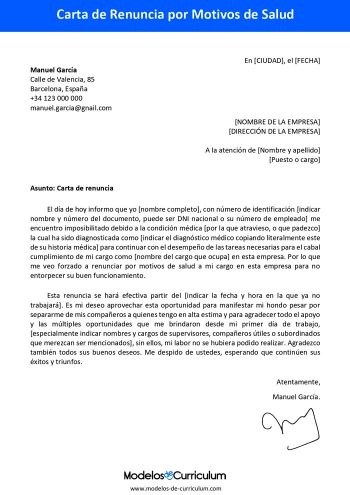 carta de renuncia por motivos de salud