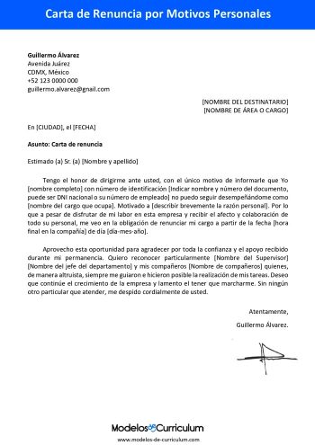 carta de renuncia por motivos personales