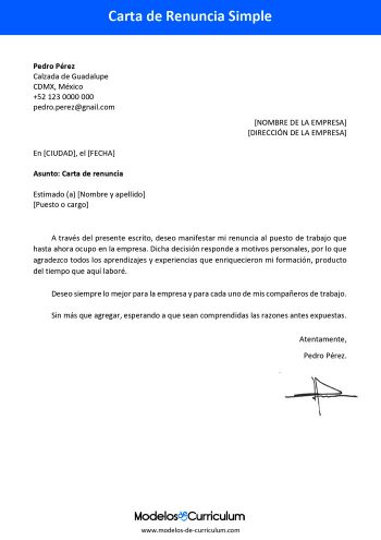 carta de renuncia simple sencilla