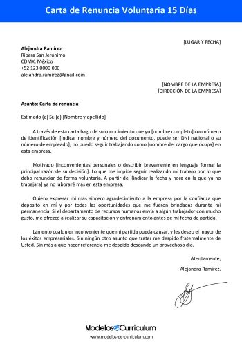 carta de renuncia voluntaria 15 días