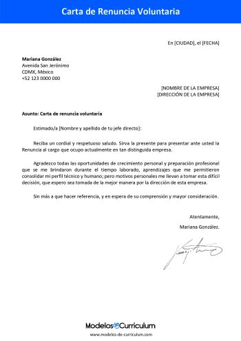 carta de renuncia voluntaria