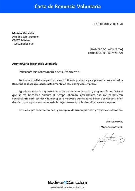 carta de renuncia voluntaria