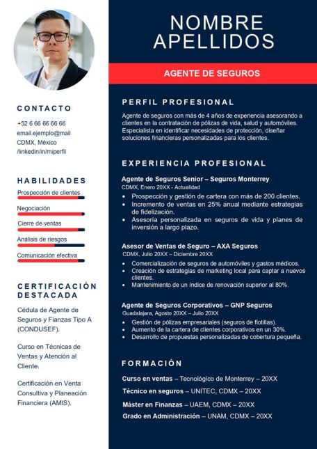 ejemplo de curriculum agente de seguros