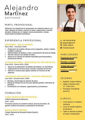 ejemplo de currículum de bartender