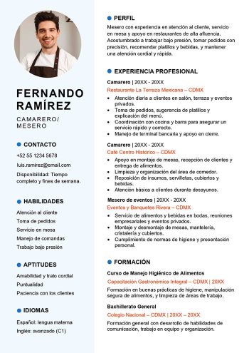 plantilla de curriculum vitae camarero para descargar gratis