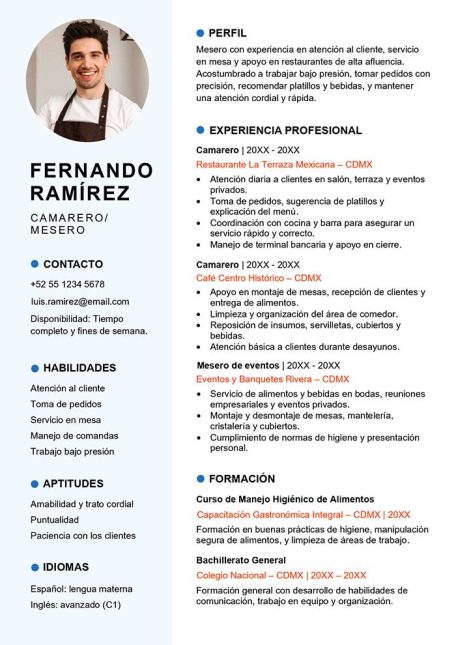 ejemplo de currículum de camarero