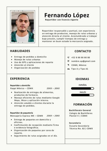 ejemplo de currículum de repartidor